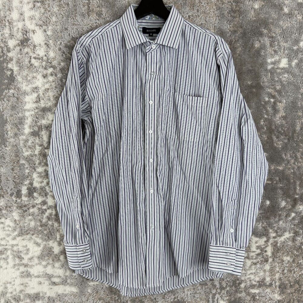 Bogari Mens Size M‎ Striped Button Shirt White Purple Long Sleeve Cotton Casual